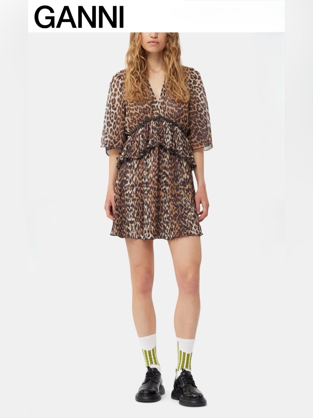 GANNI Leopard Pleated Georgette V-neck Flounce Mini Dress